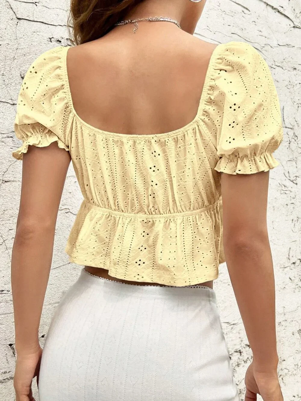Yellow Casual Women's Eyelet Tie Front Puff Sleeve Peplum Tee